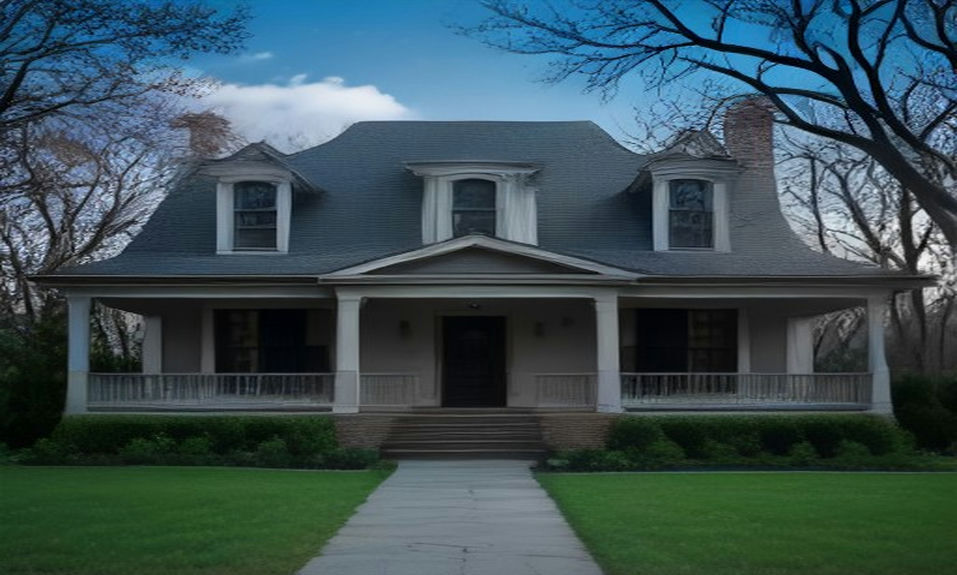 A Chicago brick home with a white porch and a green lawn